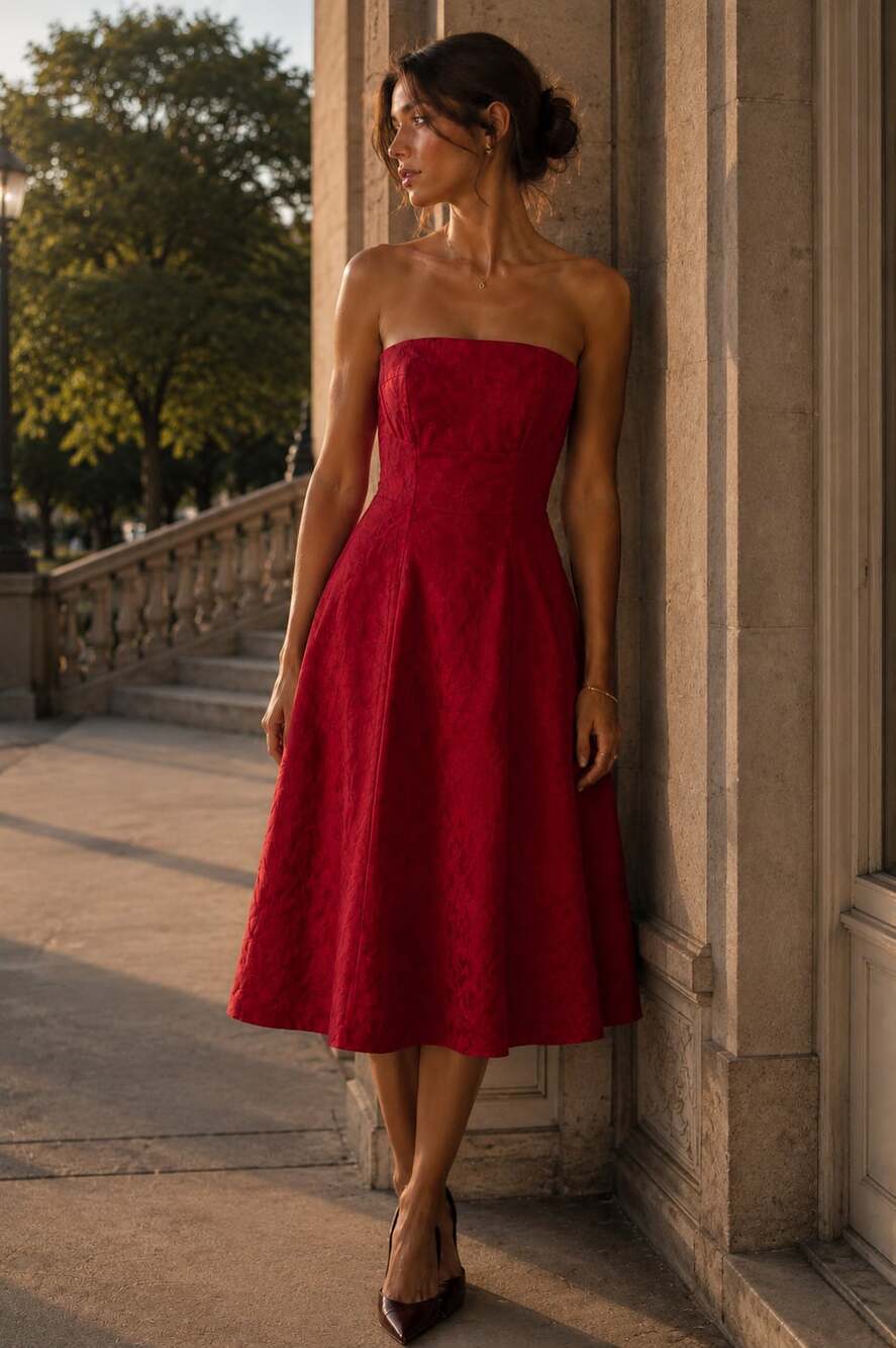 Anthropologie Berry Brocade Strapless Jacquard Midi Cocktail Dress US 0